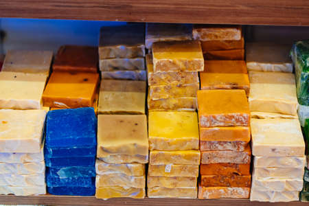 multi-colored natural soap on the shelf. cosmeticsの写真素材