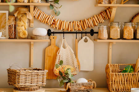 kitchen is made of wood with elements of eco style. bagelsの写真素材