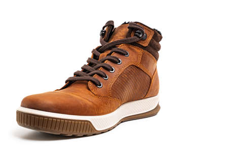 brown leather winter boots with lacing on a white background