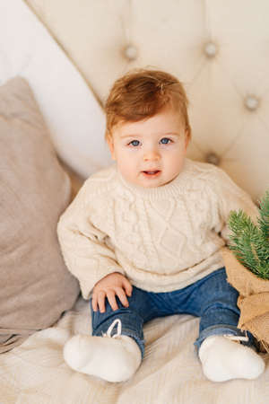 a cute little boy in jeans and a sweater on a couch with spruce branches.