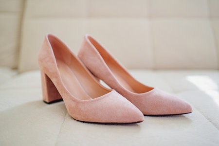 pink suede womens shoes with heels. shoes for the bride.の写真素材