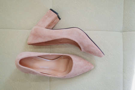 pink suede womens shoes with heels. shoes for the bride.の写真素材