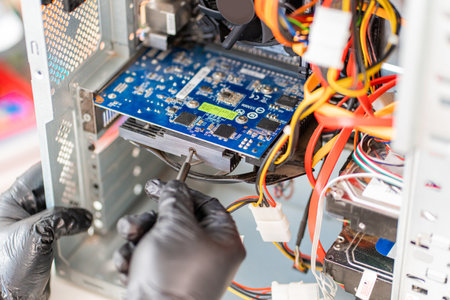 a man repairs the computer in the workshop. view from behind