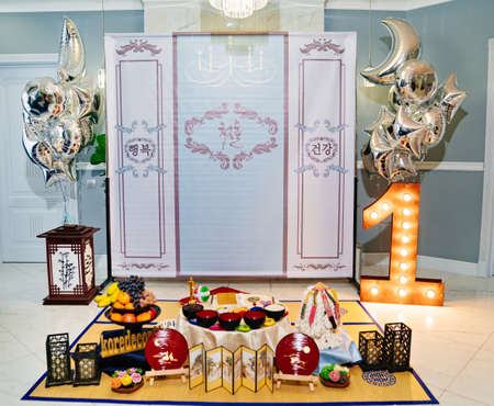 photo zone. decoration and accessories for Doljanchi. first birthday of a Koreanのeditorial素材