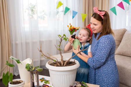 a mother and daughter spray the houseplant with water.の写真素材
