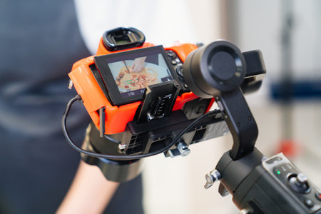 A camera takes a video for a cooks or pastry chef in kitchen.の写真素材