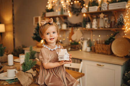 a cute little girl in an elegant dress with a toy wooden house.の写真素材
