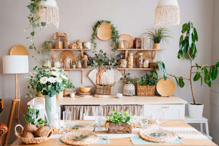 kitchen interior in eco style and furniture made of natural wood.の写真素材