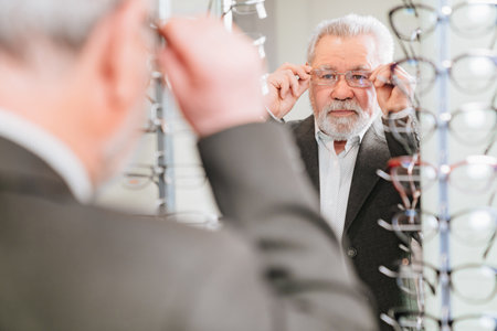 an elderly man chooses glasses in the optics salon.
