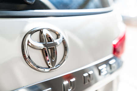 rear view. new white car Toyota fortuner in premises of dealershipのeditorial素材