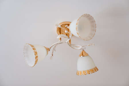 classic ceiling lamp with white lampshades with gold decor.