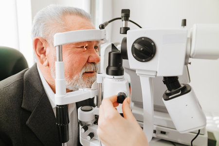 examination of elderly man with slit lamp. medical equipmentの写真素材