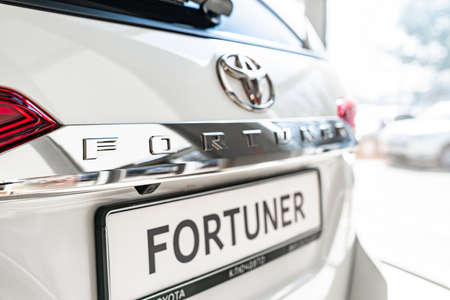 rear view. new white car Toyota fortuner in premises of dealershipのeditorial素材