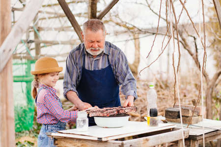 grandfather and granddaughter remove grilled meat, kebab from the grill grateの写真素材