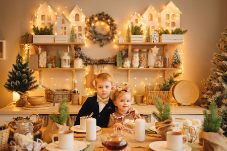 pretty little girl and boy at the kitchen table. christmas decorの写真素材