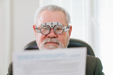 making a selection of lenses, diagnosing a elderly mans vision.の写真素材
