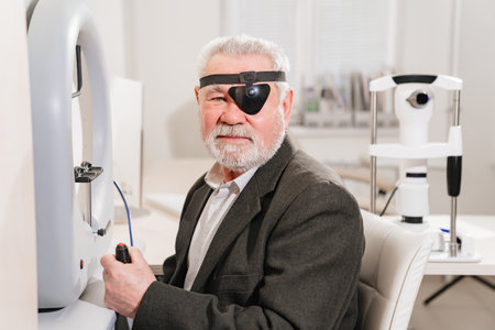 examination of elderly man on device perimeter of field of viewの写真素材