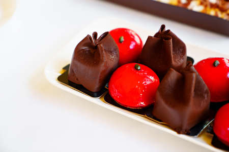 mini chocolate cakes and souffles. confectionery shop.