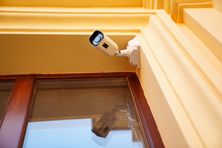 Surveillance camera for the safety and security of the building on the windows.の写真素材