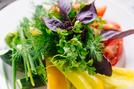 vegetable slices from tomatoes, cucumbers and sweet peppers with basil and herbsの写真素材