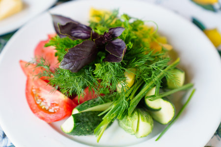 vegetable slices from tomatoes, cucumbers and sweet peppers with basil and herbsの写真素材
