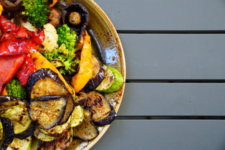 a plate of grilled vegetables. vegetable kebab. simple and delicious food.の写真素材