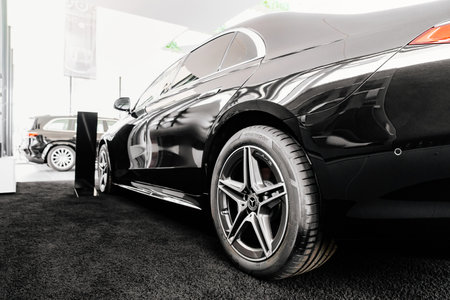 side view a black Mercedes car in the parking of a car dealershipのeditorial素材