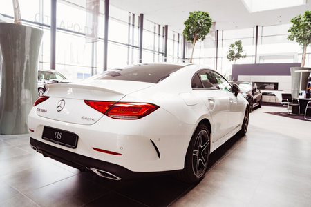 rear view of a white Mercedes GLS car in the parking of a car dealershipのeditorial素材