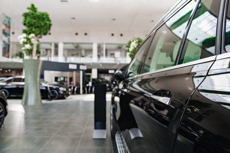 cars and interior of the Mercedes car dealership. sale of new cars on credit.のeditorial素材