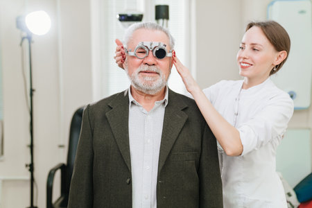 ophthalmologist makes selection of lenses, diagnoses a elderly mans vision.の写真素材