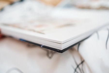 Selective focus and blurry photos. a woman holds a photo book.