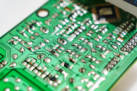 Electrical control board with radio parts: tdiode, microcircuit, transistor, resistorの写真素材