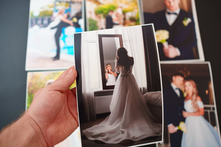 printed wedding photos on a black background and in hand.の写真素材