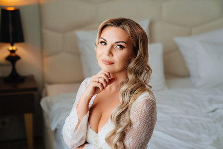 beautiful blonde in a white peignoir sitting in bed.の写真素材