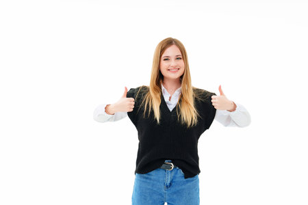 a blonde in a black vest shows an ok sign from the fingers on a white background