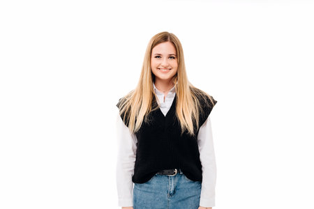 a blonde with sequins on face in jeans and a knitted vest on a white background.の写真素材