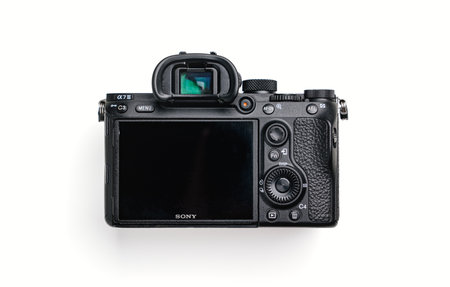 viewfinder and display of Black mirrorless Camera Sony on a white background.のeditorial素材