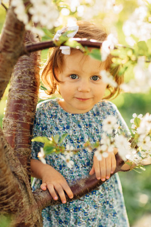 a little girl by a flowering tree in a spring gardenの写真素材