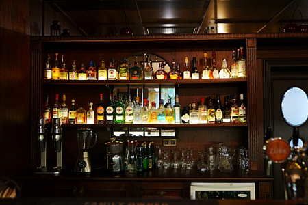 bar in the restaurant. shelves with alcoholic beverages.のeditorial素材