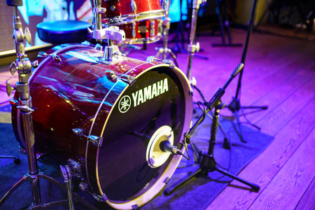 yamaha drum kit. set of drums, cymbals and other percussion instruments on stageのeditorial素材