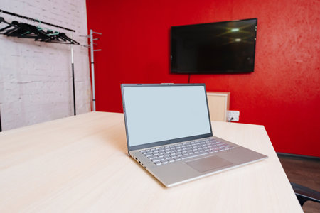 laptop in room for negotiations and meetings. a modern business spaceの写真素材