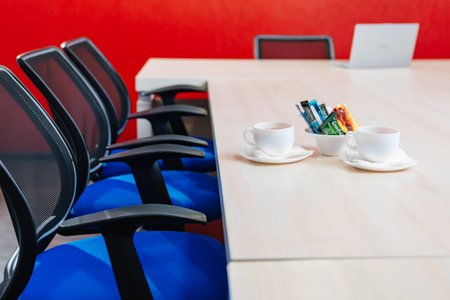 two white cups of tea on the table. the concept of a break at work.のeditorial素材