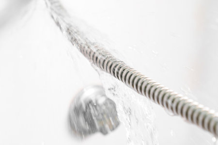 water is flowing from a broken shower hose.の写真素材