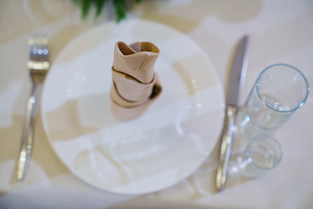 empty glasses and a plate with a cloth napkin on the table.