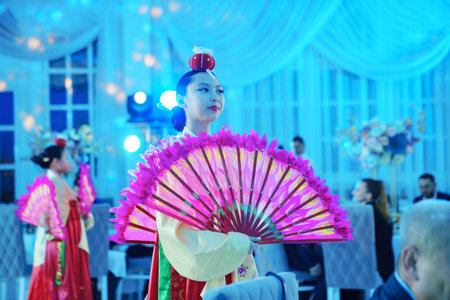 Actors in Korean national costumes dance at the festival.のeditorial素材