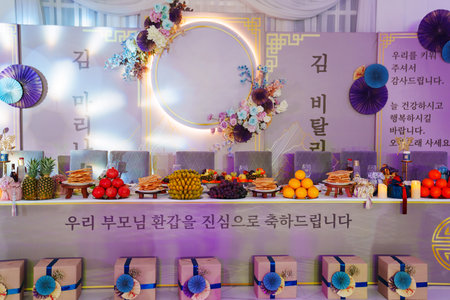 Banquet hall decorated for Hangabi. Korean birthday holiday, 60 years.のeditorial素材