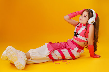 a teenage girl in a pink stage costume and headphones on a yellow background.の写真素材