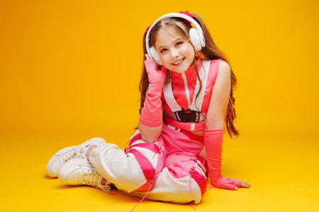 a teenage girl in a pink stage costume and headphones on a yellow background.