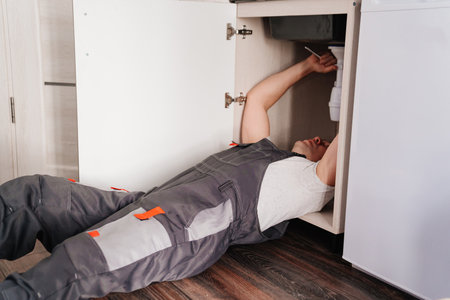 The plumber disassembles the siphon under the sink to clear the blockage.の写真素材