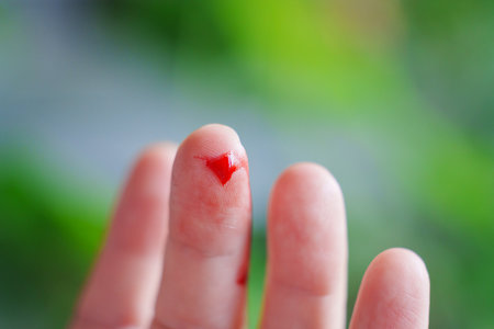cut on the finger. blood from a wound on arm on the background of plantsの写真素材